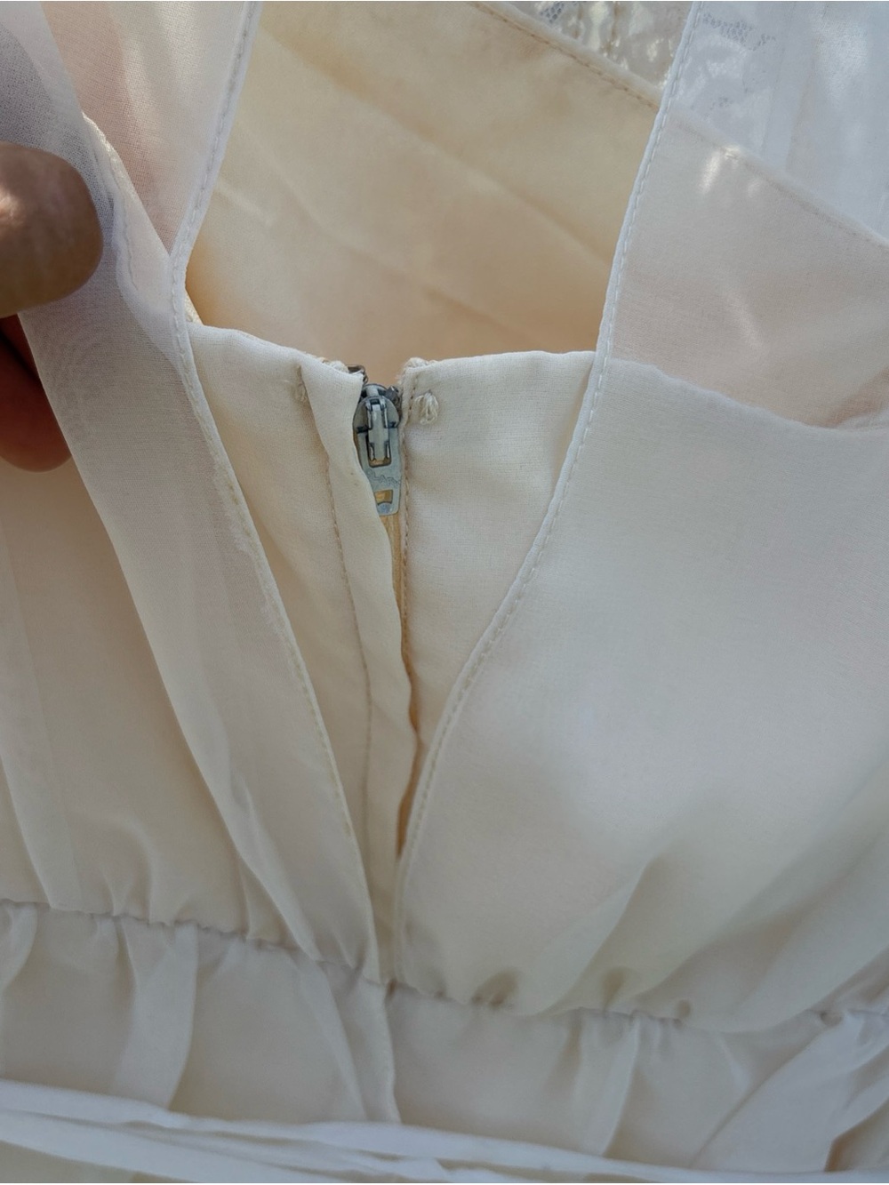 Sheer Lace-Trim Maxi Dress in Cream with Tie Waist Vintage 1970s - Picture 10 of 12